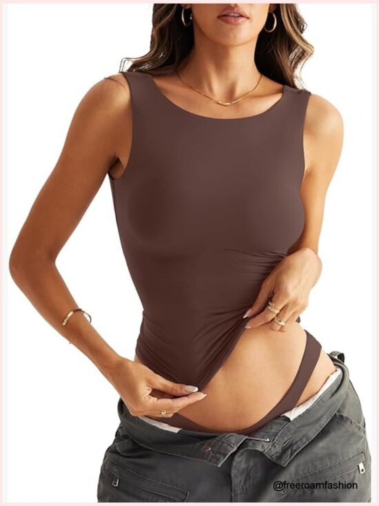 Tops - Double Lined Boat Neck Backless Tank Top Slim Fit Summer Going Out